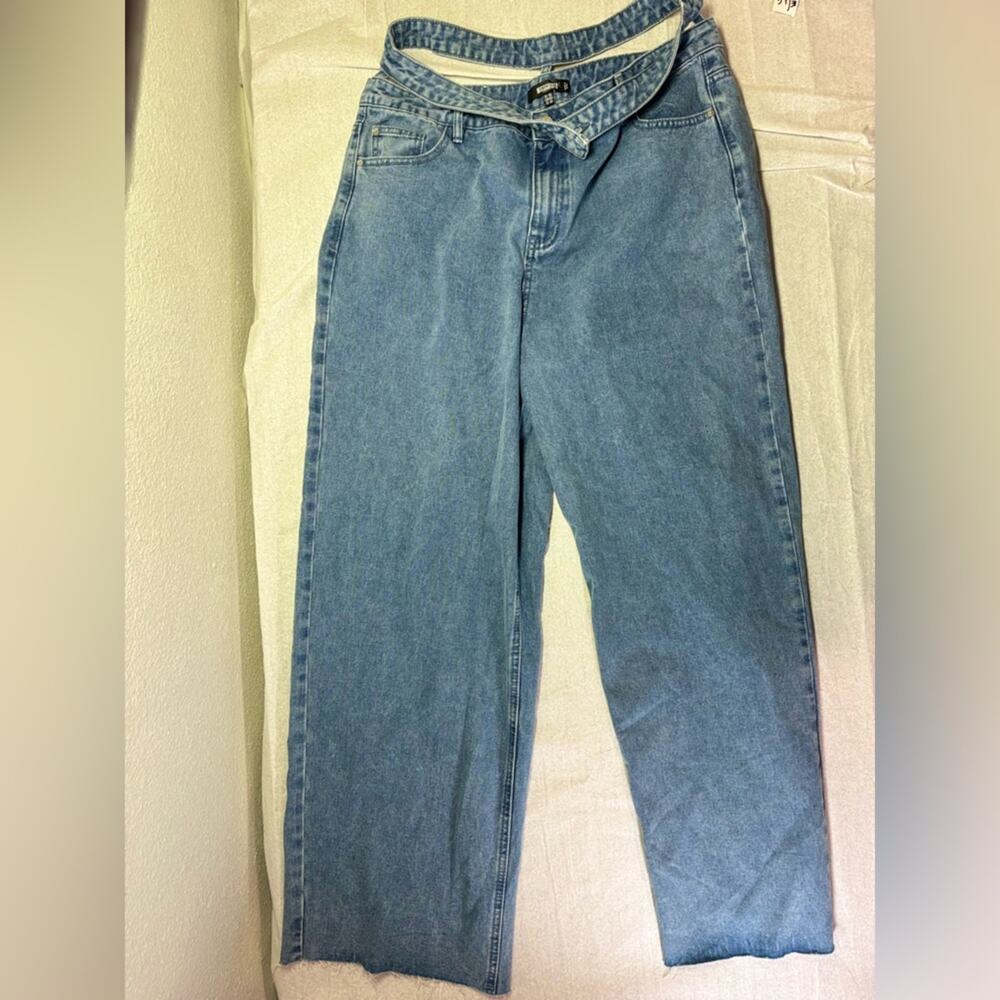 Missguided Blue Denim Button Built in Belt Y2K High Waist Straight Leg Jeans